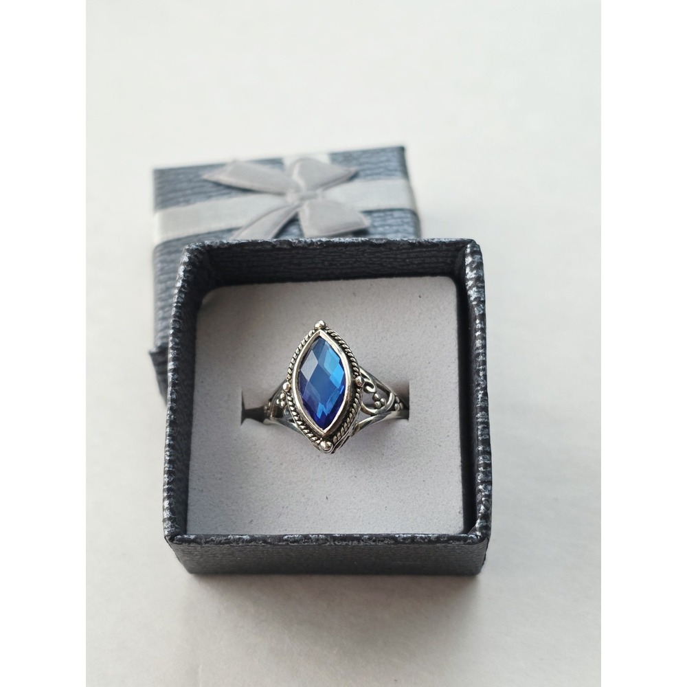 SAJEN Vintage Sterling Silver 925 Faceted Blue Topaz Ring Size 7 Filigree New